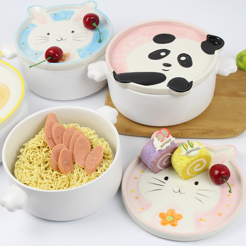 AMH Cartoon Cute Pattern Large Capacity Bubble Noodle Bowl Student Dormitory Suitable for ceramic material high temperature resistant and easy to clean