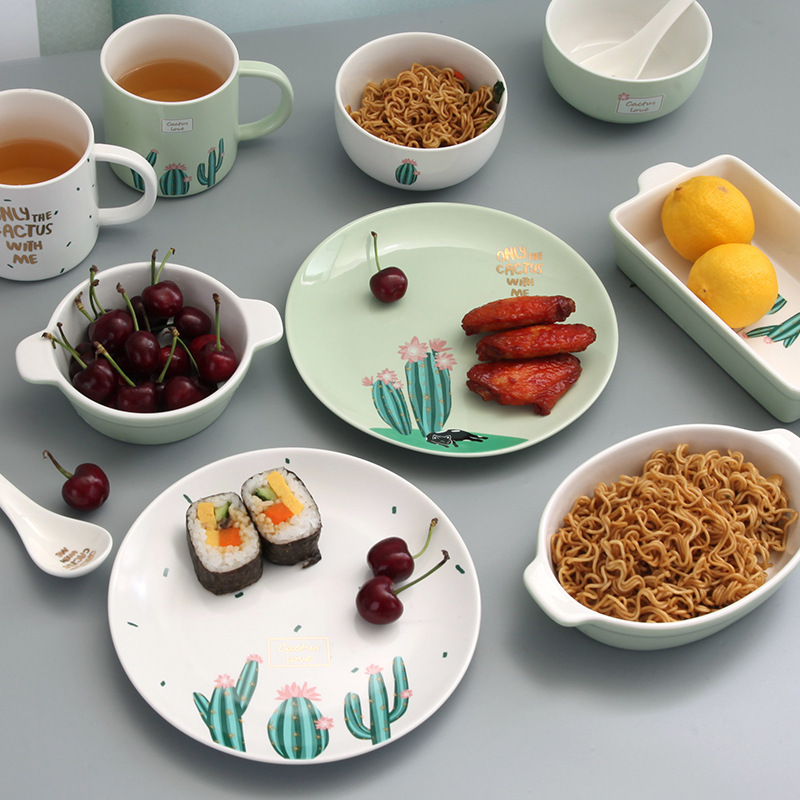 Amihui Jingdezhen creative personality home ceramic tableware bowl set Cactus pattern American style
