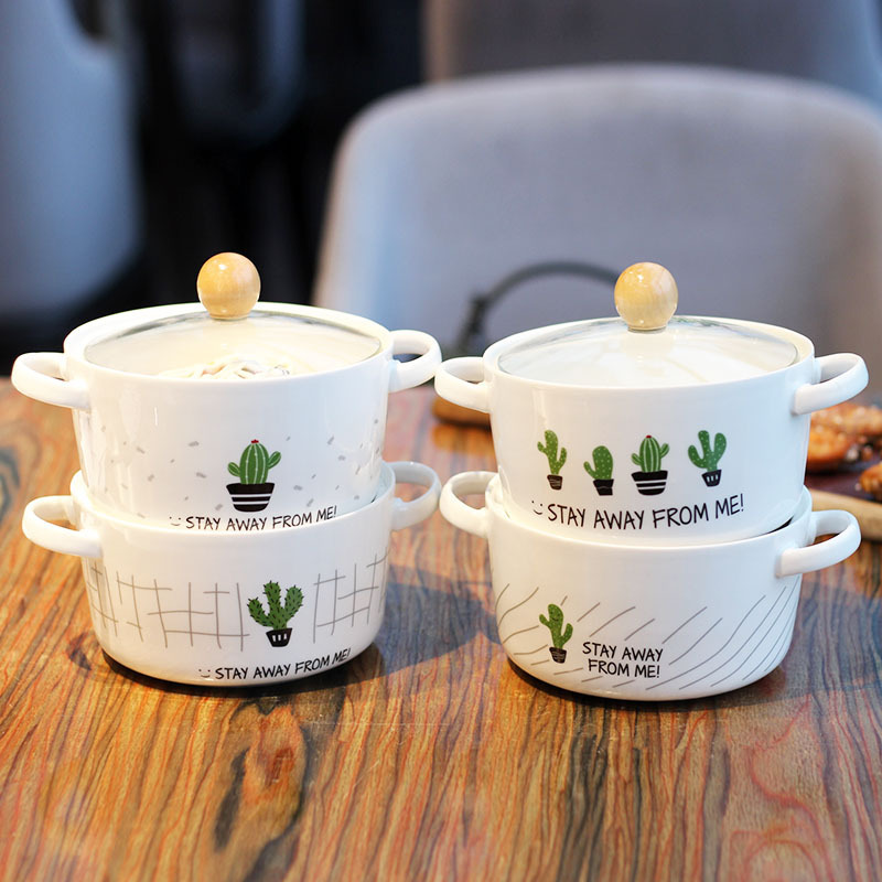 Love Beauty & Whirlpool Creative Personality Cactus Pattern Hand-painted Style Student Bubble Noodles Bowl double-ear anti-burn ceramic bowl