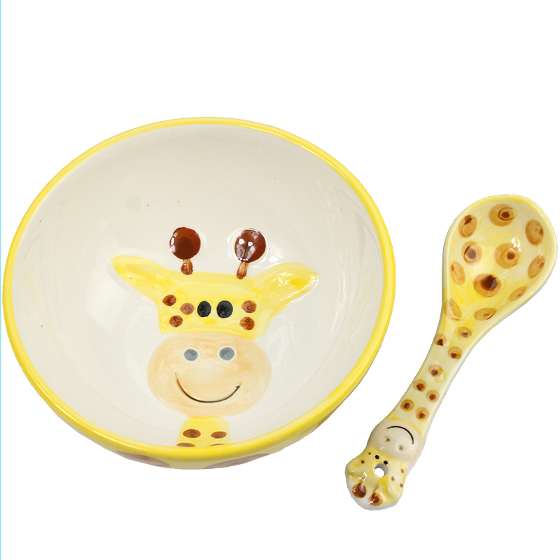 Love graces, lovely healthy children bowl of Korean cartoon drawing under the glaze color small animals 5 inch ceramic bowl spoon set