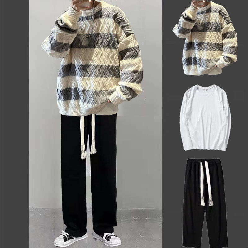 Autumn and Winter High-End Sweater Set for Men, Loose Thickened Knitwear, Outerwear Set Paired with Casual Pants, Three-Piece Set