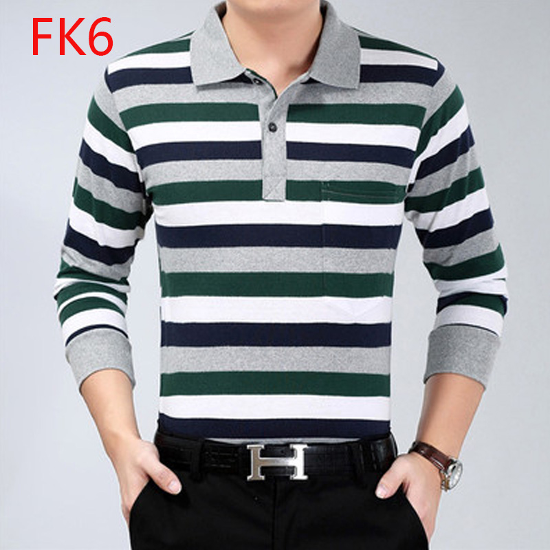 2018 người đàn ông mới của dài tay T-Shirt cotton lỏng trung niên cha nạp sọc ve áo bất pocket POLO áo sơ mi