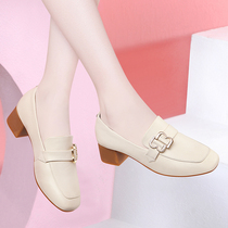 Loafers womens genuine leather shoes mid-heel chunky-heel leather shoes spring and autumn real cowhide soft leather soft sole slip-on mom shoes