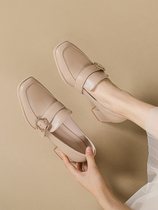 Leather high-heeled shoes womens summer style spring and autumn soft bottom square toe single shoes casual large size square heel soft leather thick heel small leather shoes