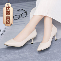White high-heeled shoes female leather fine heel 2022 new spring cheongsam small heel single shoes temperament medium heel leather shoes 6cm