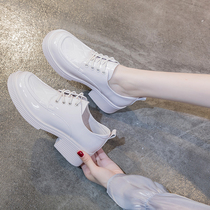 Beige small leather shoes womens British style 2022 new spring and autumn thick-soled shoes mid-heel with skirt gentle thick-heeled single shoes