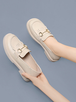 White thick-soled loafers womens thick-heeled mid-heel slip-on British style small leather shoes 2022 new spring and autumn
