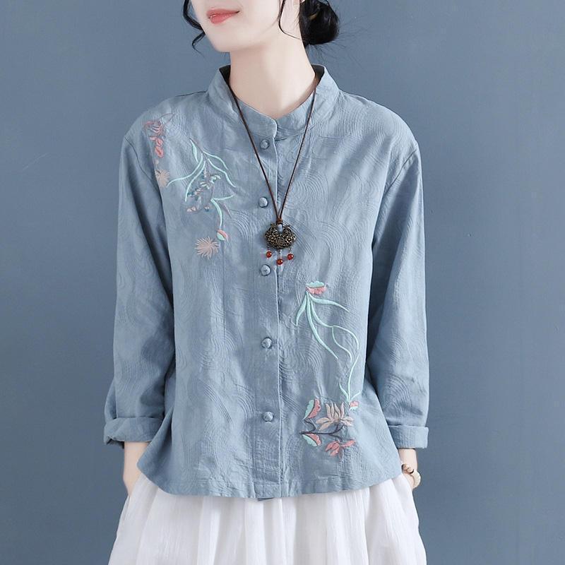 Women's Shirt Top Long-Sleeved Loose Embroidered Pure Cotton Casual Versatile Slimming Large Size Artistic Retro Top