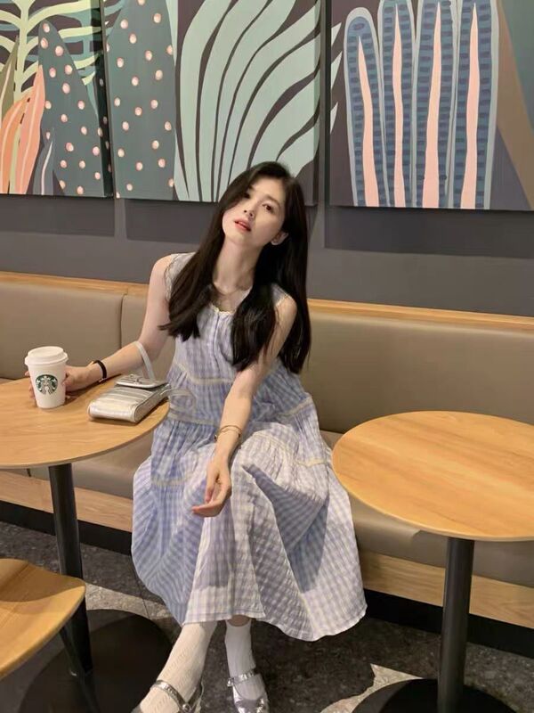 Summer New Korean Style Blue Plaid Lace Patchwork Dress French Loose-Fitting Elegant Petite Sleeveless Long Dress