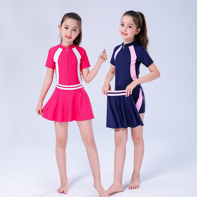 Children's professional swimsuit female training girls swimsuit princess skirt Korean fashion middle-aged children two-piece short-sleeved swimsuit