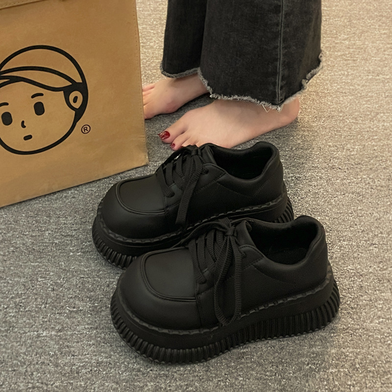 Inlen Wind Small Leather Shoes New 2023 Burst Woman Pine Cakes Thick Bottom Lefu Shoes Autumn Winter Black Sports Casual Shoes-Taobao