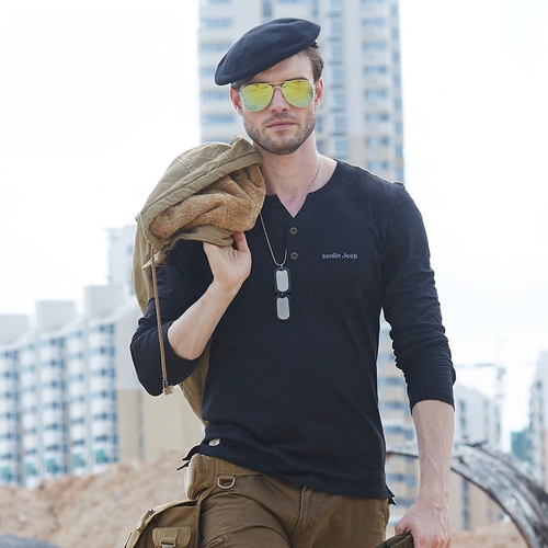 Джип, боевая машина, мужской хлопковый тонкий приятный телу лонгслив для отдыха, осенний, V-образный вырез, оверсайз