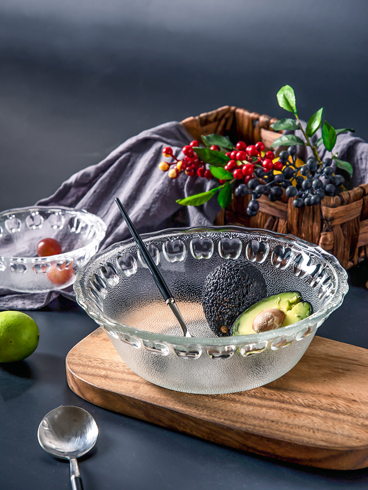 Glass bowl Household large simple fruit salad bowl Creative ice cream bowl Transparent dessert bowl tableware set