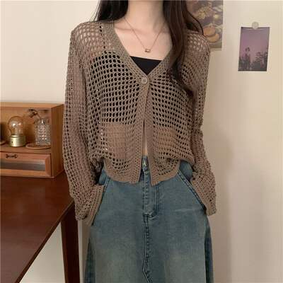Two-piece V-neck hollowed-out knitted cardigan set for women, spring and summer sun protection smock, short top, long-sleeved small shawl, light jacket