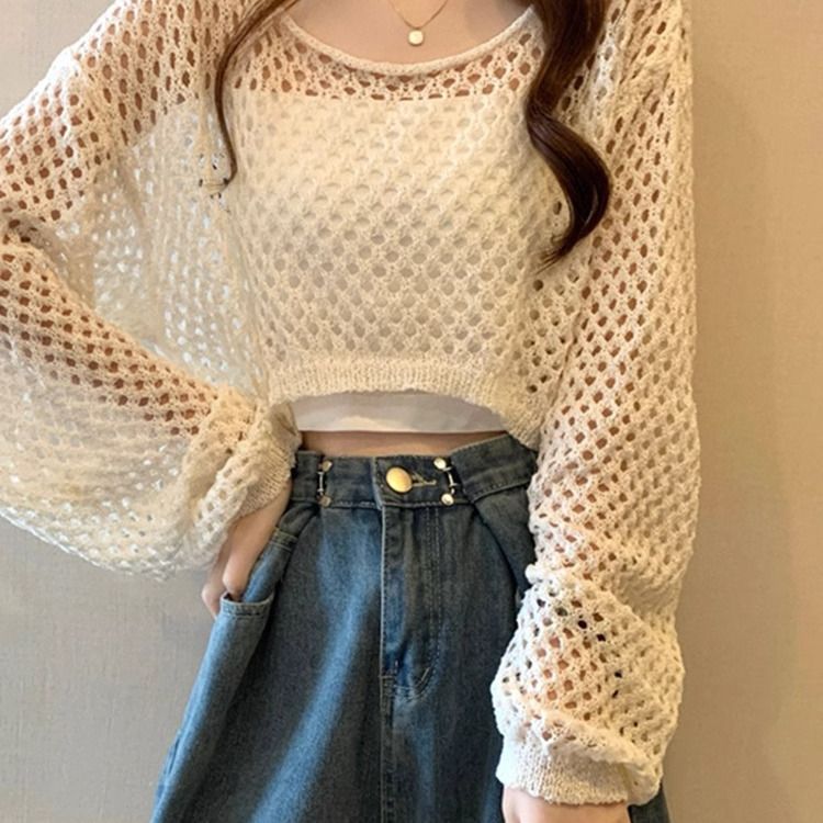 Hollow-Out Short Sun Protection Blouse for Women 2026 Summer Thin Outerwear Small Shirt Miu Off-Shoulder Knit Top Short Top