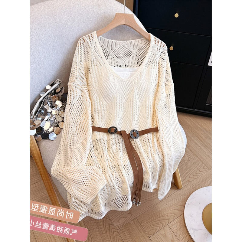 Lazy Style Hollow-Out Knit Sweater for Women, New Spring/Summer Two-Piece Set, V-Neck Long-Sleeve Waist-Cinching Sun-Protective Cover-Up Thin Top