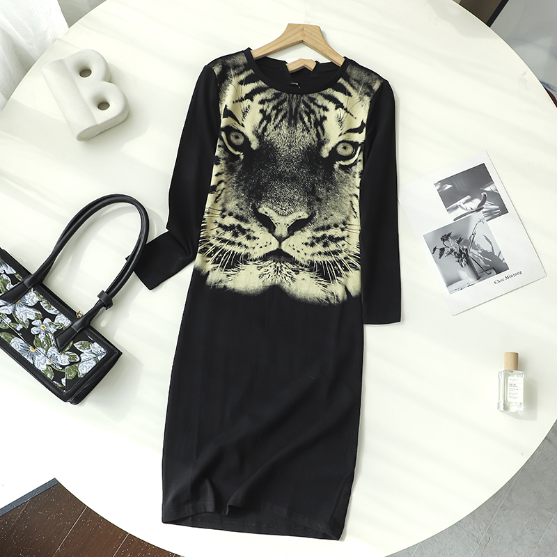 Cw173850 Clearance 2024 Spring New Slim Fit Round Neck Tiger Print Long Sleeve Dress