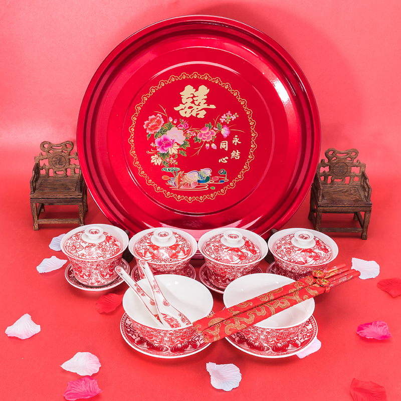 ten Gin Ceramic Joy Bowl of Hei Words to Cup Pair Bowl Chopsticks Wedding Tea Set Group Wedding to Tea Cup Married dragon Feng