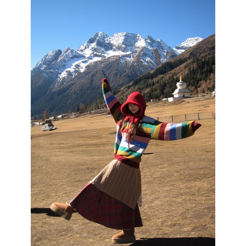 Yunnan, Tibet, Xinjiang, Sichuan-Western China Travel Outfit Women's Colorful Dopamine Sweater Autumn and Winter Complete Set Ethnic Style