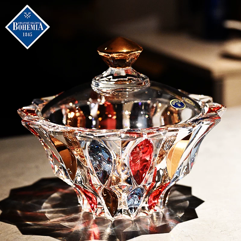 Чешское BOHEMIA импортное цветное стекло с крышкой сахарница чашка конфет сухофрукты хранилище салатница ведро