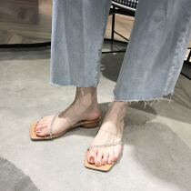 2021 summer New Square head clamp foot open toe thick heel sandals women wear transparent belt rhinestone thin belt high heels