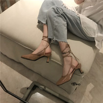 Half-slippers bag head apricot-colored fairy air pointed high heels lace-up satin single shoes thin-heel ballet shoes strap strap middle heel
