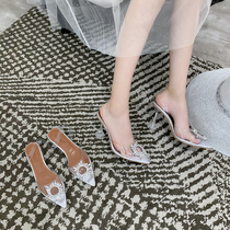 3 kinds of heel high 2020 Net red same transparent flat pointed head rhinestone rear aerial heel high heel low heel single shoe sandals