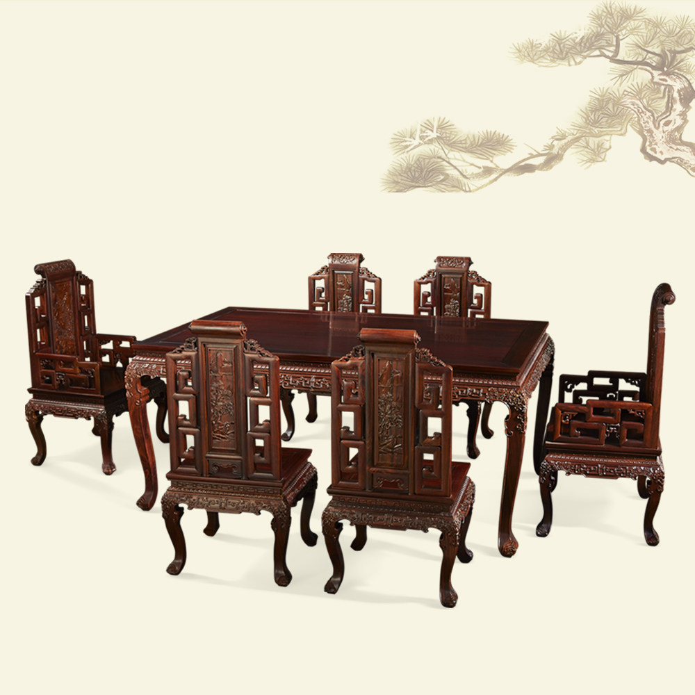 (Air traffic mahogany) Knife-shaped black rosewood black rosewood · Jiangnan poetry rhyme dining table and chairs dining room dining table