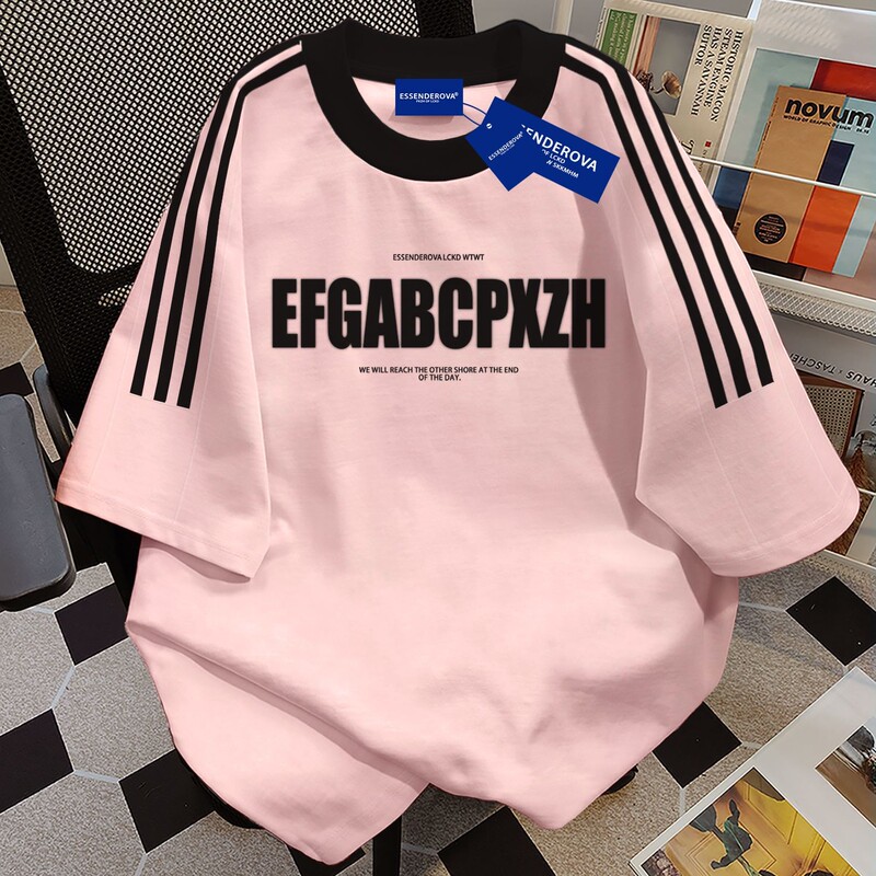 American-Style Loose-Fitting Pure Cotton Street Pink Three-Stripe Short-Sleeve T-Shirt for Women, Summer Vintage Loose Raglan Sleeve Top American-Style Loose-Fitting Pure Cotton Street Pink Three-Stripe Short-Sleeve T-Shirt for Women, Summer Vintage Loose Raglan Sleeve Top