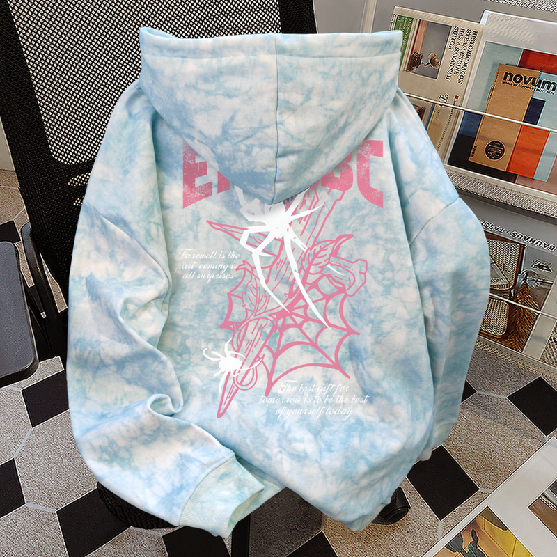American-Style Lazy Design Spider Tie-Dye Blue Hooded Sweatshirt for Women, Autumn and Winter, Unique Creative Casual Niche Top