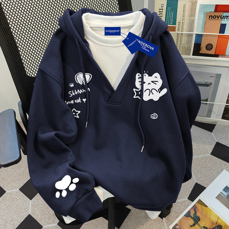 American-Style Cat Graffiti Print Fake Two-Piece Hooded Sweatshirt for Women 2025 Autumn and Winter Versatile Patchwork Campus Couple Top