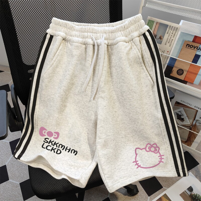 American-Style Sports Streetwear Cute Cat Print Loose Three-Stripe Shorts for Women 2025 Summer Striped Five-Point Pants