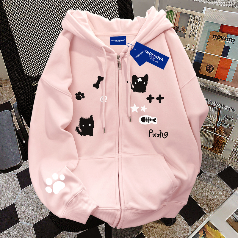 Cute Kitten Print American-Style Zip-Up Hoodie for Women 2025 Autumn and Winter New Creative College Style Cardigan Jacket