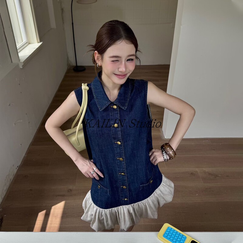 Pink2026 New Summer Style Lapel Single-Breasted Denim Dress with Contrasting Color Splicing at the Hem and Tencel Twist Skirt