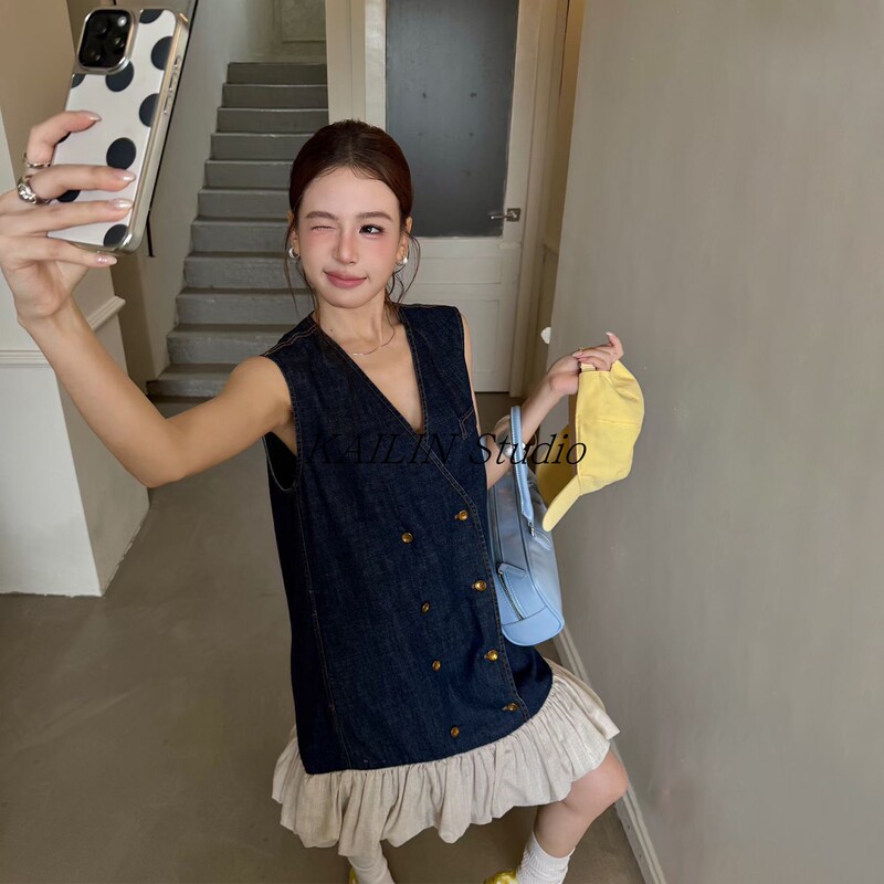 Pink2026 New Summer Style V Neck Double-Breasted Denim Vest Dress with Hem Spliced with Tencel Twist Skirt Pink2026 New Summer Style V Neck Double-Breasted Denim Vest Dress with Hem Spliced with Tencel Twist Skirt