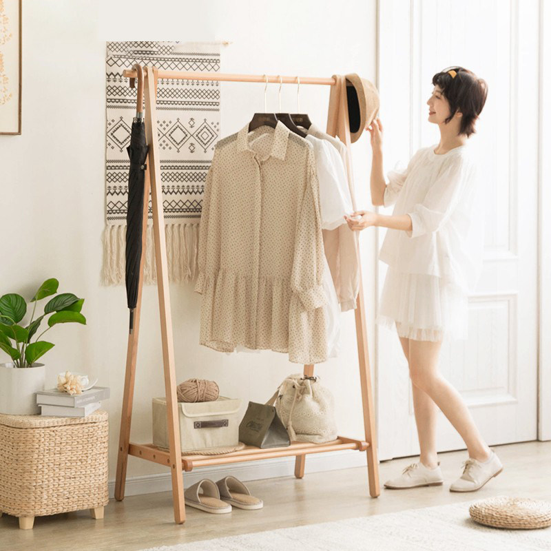 Solid wood clotheshorse with double pole hanger on floor bedroom hanging hanger minimalist modern clothes rack Easy landing hanger