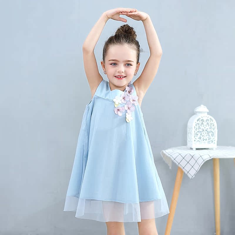 váy 5 tuổi 7 bé tím tay Girldress mùa hè công chúa váy trẻ em vest váy lưới hồng.