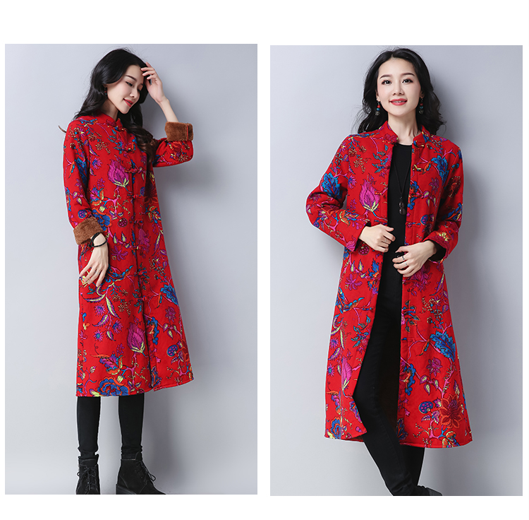Kích thước lớn của phụ nữ béo mm lỏng cộng với nhung dày in quốc gia Trung Quốc bông mẹ ấm mùa thu và áo khoác mùa đông váy trung niên đẹp