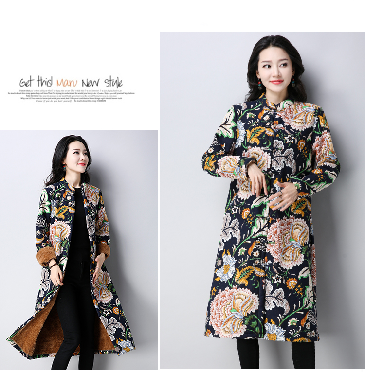 Kích thước lớn của phụ nữ béo mm lỏng cộng với nhung dày in quốc gia Trung Quốc bông mẹ ấm mùa thu và áo khoác mùa đông váy trung niên đẹp