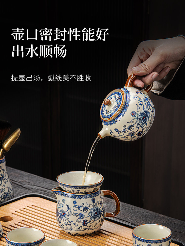 Ru Kiln Blue and White Travel Tea Set, High-End Outdoor Camping Tea Drinking Equipment, Portable Tea Brewing Pot, Kung Fu Tea Cup
