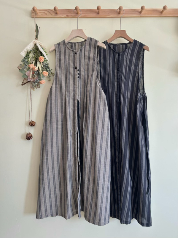 3326 Summer Dress Vest Long Dress Mori Girl Layered Lace-Up Vertical Stripe Vest Length 118