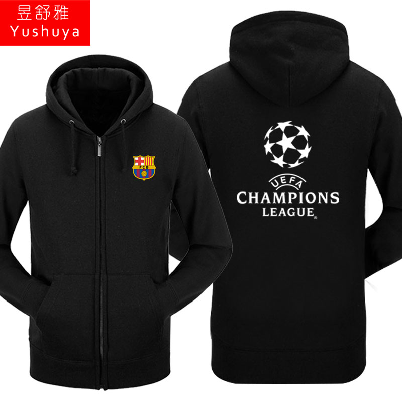 Áo khoác bóng đá Champions League cộng với nhung nam và nữ trùm đầu áo len cardigan áo len Real Madrid Juventus AC Milan Atletico áo hoodie nam