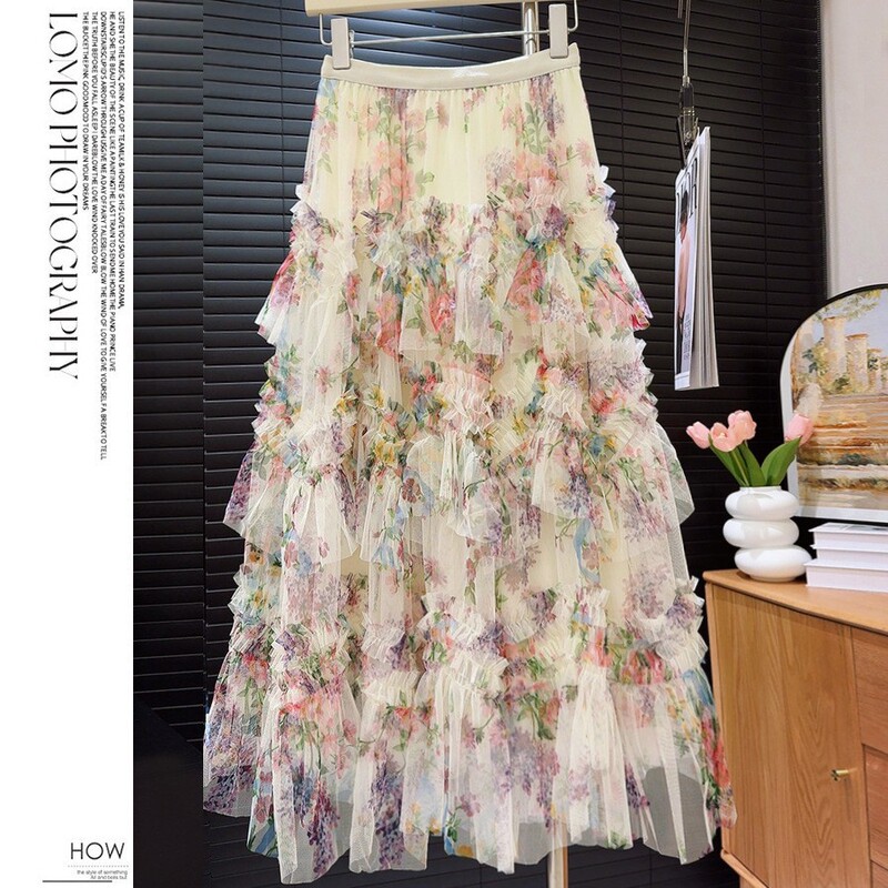 European and American Cross-Border Amazon Heavy-Duty Patchwork Printed Mesh Cake Skirt Women's New Floral Puffy Long Skirt