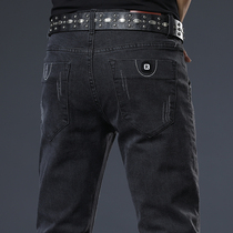 Spring new slim jeans mens stretch trend Joker Korean casual small feet long pants Tide brand Black