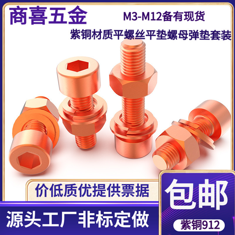 T2 Red Copper Hex Socket Screws and Bolts, Conductive and Electrically Conductive Hex Socket Screws with Flat and Spring Washers Included