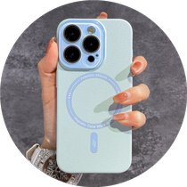 Magnetic lychee leather shell suitable for Apple 15 mobile phone case mint green with built-in lens film protective cover iPhone 14 promax creative solid color anti-fall shell 13 men and women couple advanced shell