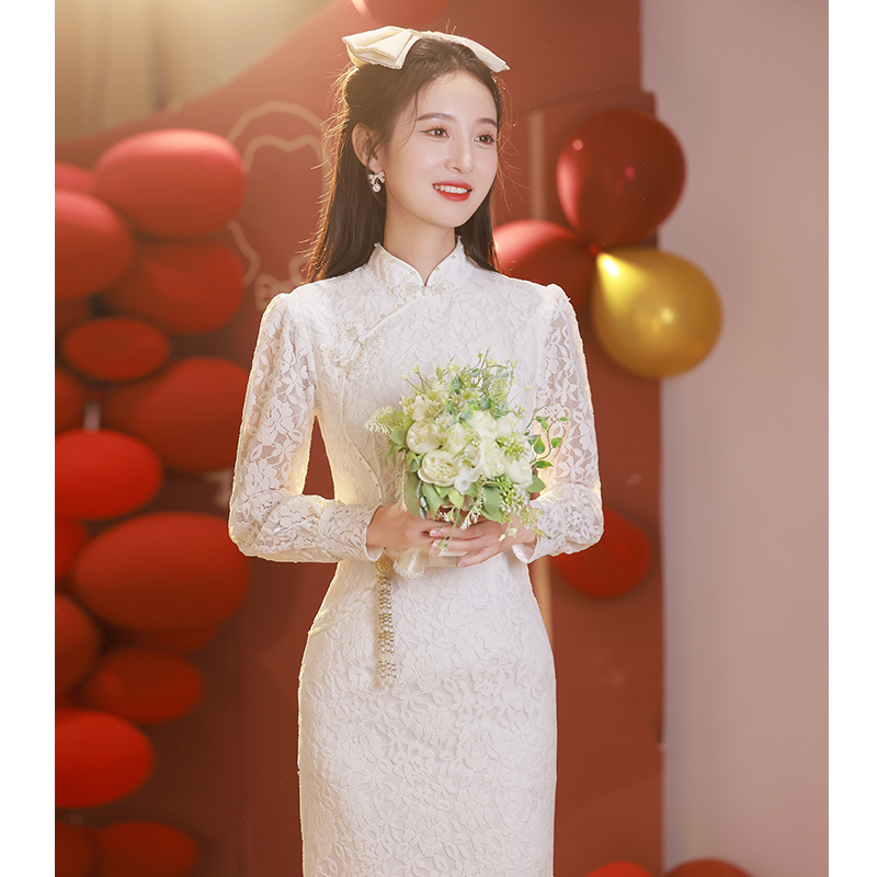 White Cheongsam Toast Dress for Petite Women, Wedding Dress, Registration White Dress, New Chinese Style Engagement Dress, Stunning for Women