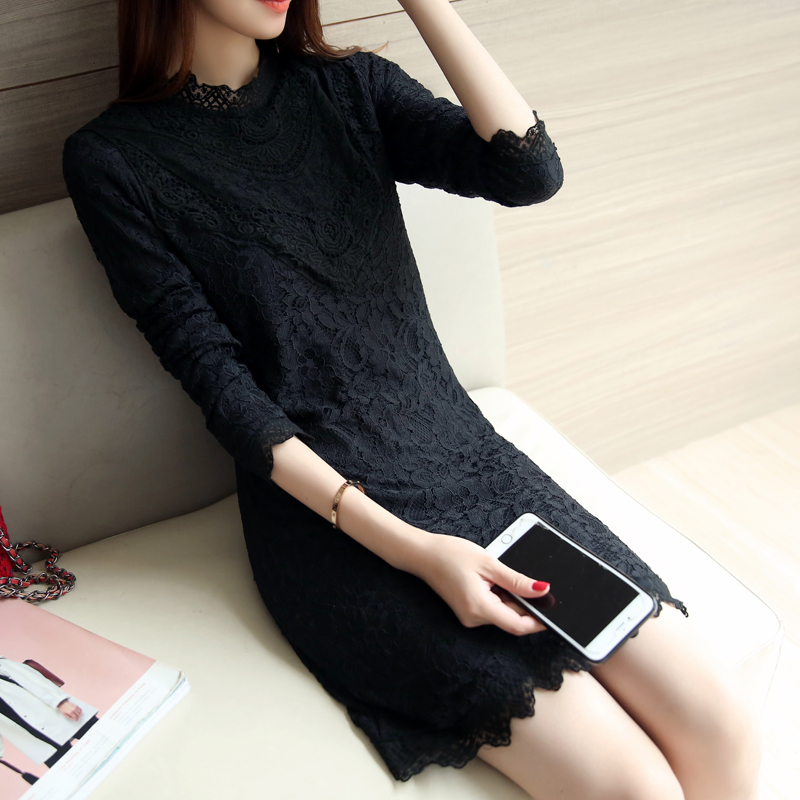 Fleece-Lined, Thickened, Warm Lace Dress, New Autumn and Winter Style, Plus Size, Mid-Length, Long-Sleeved T-Shirt, Lace Top, Base Layer Shirt