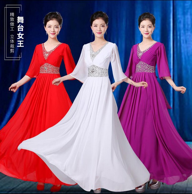New Style Chorus Performance Dress for Women, Long Dress for Adult Performances, Red Song Recitation Host Slim-Fit Evening Gown