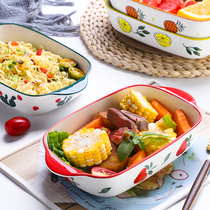Rectangular ceramic baked rice plate microwave oven special binaural baking tray tableware home baking bowl plate